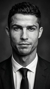 Cristiano Ronaldo 身穿西裝，直接看著相機，表情嚴肅。