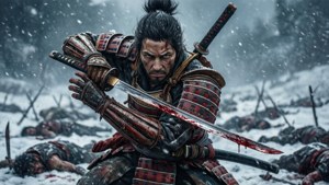 武士戰士在雪地戰場上，手持血劍，周圍是倒下的敵人。