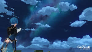 動漫角色在星空夜空中觀看極光。 — 原神 壁紙