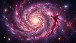 一個色彩繽紛的螺旋星系，在深空中擁有發光的恆星和旋轉的星雲。