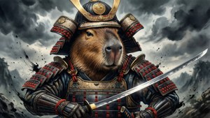 水豚穿著武士盔甲在暴風雨的天空下握著劍。