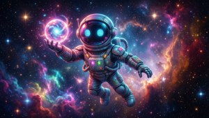 一個卡通太空人在太空中漂浮，手持發光球體。