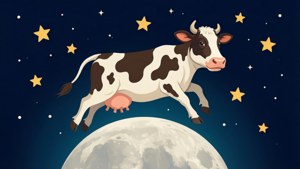 一隻卡通牛在星空下跳過月亮。