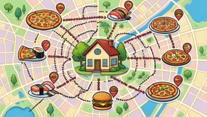 一幅卡通地圖，房子通過虛線連接到各種美食地點。