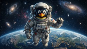 企鵝太空人漂浮在地球上方，背景有星系。