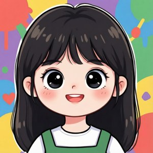 大眼睛和黑髮的動漫女孩，帶著色彩繽紛的抽象背景微笑。