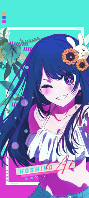 藍色頭髮和向日葵的動漫女孩在色彩繽紛的圖形設計中微笑。 — Pixel 9a 壁紙