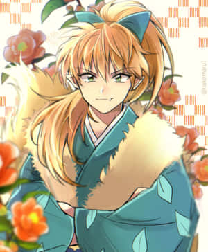 穿著青綠色和服的動漫女孩，周圍有橙色花朵，溫柔地微笑。 — Pixel Fold 壁紙