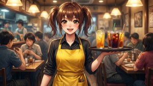 穿著黃色圍裙的動漫女服務生在繁忙的餐廳中提供冰飲。