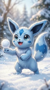 一隻藍色狐狸般的生物在雪地森林中玩雪。