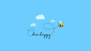 一隻卡通蜜蜂飛翔，在藍天白雲中留下一條虛線軌跡，拼出 bee happy。 — 植物美學 壁紙