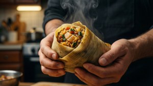 廚師手持用玉米殼包裹、色彩繽紛的蒸玉米粉糰。