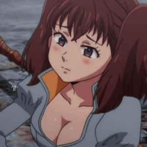 動漫女孩，棕色頭髮和紫色眼睛，帶著堅定的表情向上看。 — 女主角 壁紙