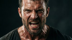 一個脖子流血、滿臉是汗的男人憤怒地尖叫。