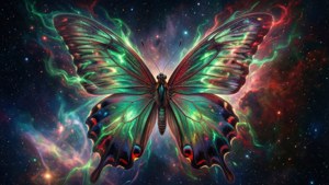 一隻帶有綠色和紅色翅膀的發光蝴蝶飛過充滿星星的彩色星雲。