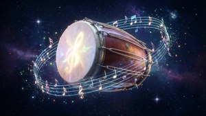 一個在太空中的鼓，音符在星空背景下圍繞它旋轉。