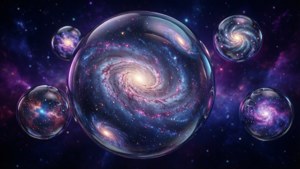 在繁星點點的宇宙背景中，包含螺旋星系的漂浮氣泡。