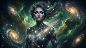 一位擁有宇宙頭髮和星光皮膚的女性，被星系和星雲環繞。