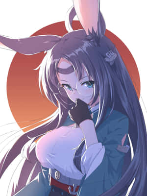 動漫女孩戴著兔耳朵和眼鏡，在夕陽圓圈前溫柔地微笑。 — 蘿拉兔 壁紙