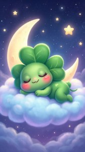 一個綠色三葉草生物在月亮和星星下的雲朵上睡覺。