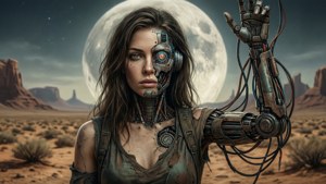 機械人女性在沙漠中巨大月亮下舉起機械手臂