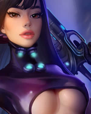 身穿紫色套裝的 cyberpunk 動畫女性，手持帶有發光藍色元素的未來武器。 — 奇幻藝術 壁紙
