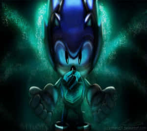 Sonic the Hedgehog 在深藍綠色環境中手持一顆發光的綠色寶石。 — 黑暗音速小子 壁紙