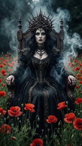 一位身穿黑色禮服、戴著尖刺皇冠的黑暗女王，坐在煙霧繚繞的紅色的罌粟花田中的王座上。