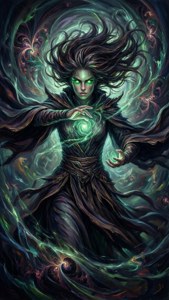 一位擁有發光綠色眼睛的強大女巫，在旋轉的漩渦中引導魔法能量。