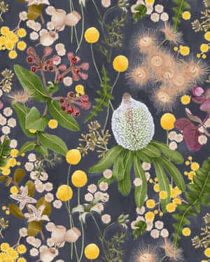 植物插圖，以深海軍藍背景襯托黃色花朵、綠色葉片和帶紋理的花朵。 — 植物美學 壁紙