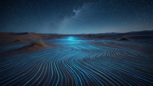 發光的藍色線條在星空下流過沙漠。