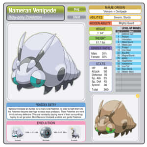 Nameran Venipede 的圖鑑頁面，顯示統計數據、招式與進化。 — 動漫 壁紙
