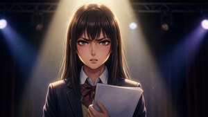 穿著校服的動漫女孩在舞台燈光下拿著文件。