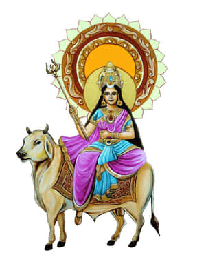 女神坐在公牛上，帶有耀眼的光環和華麗的珠寶。 — Maa Durga 壁紙