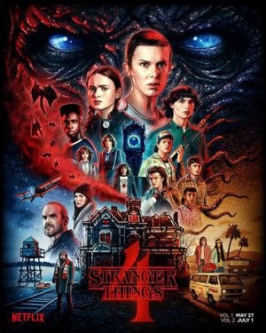 Stranger Things 第4季海報，包含角色和怪物元素。 — 怪奇物語 4 壁紙