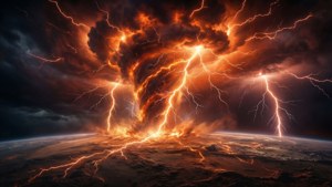 熾熱的閃電風暴從上方照亮了黑暗行星的表面。