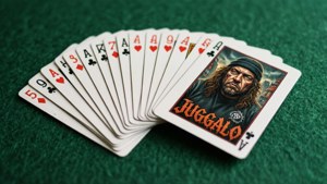 在綠色毛氈桌上展開的Juggalo Ace撲克牌。