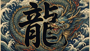 一條風格化的藍龍在洶湧的海浪中包裹著一個漢字「龍」。