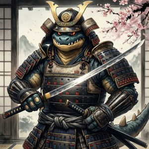身穿傳統盔甲的鱷魚武士，手持武士刀，櫻花飄落。