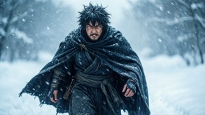 一位身穿暗色斗篷的堅定戰士在暴風雪中奔跑。
