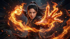 一位女戰士用雙手釋放火焰魔法。