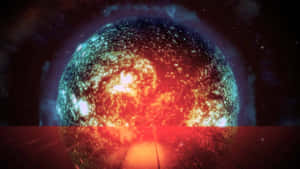 一顆發光的紅色和藍綠色行星在太空中爆發宇宙能量。 — 駭客軍團 壁紙