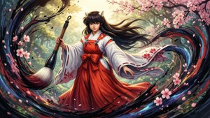 動漫狐仙穿著紅色和服，揮舞毛筆，被櫻花和墨水漩渦包圍。