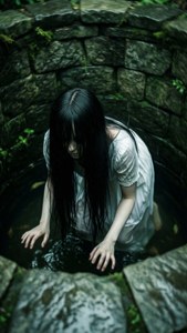 一個長著黑色長髮的女鬼，俯身於石井上，雙手浸在水中。