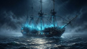 一艘發光的幽靈船在黑暗的暴風雨海域中航行，星空下。