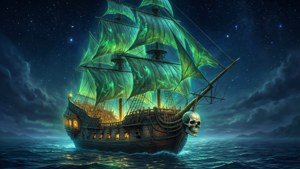 一艘帶有骷髏船首、發光綠色船帆的海盜船，在黑暗的海面上星空下航行。