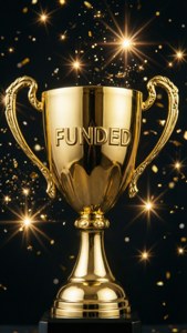 金色獎盃刻有「FUNDED」字樣，周圍環繞著閃爍的星星和彩紙。