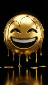 一個金色表情符號，咧嘴大笑，滴落熔金到黑色反光表面上。