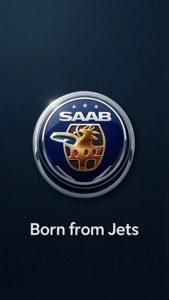 Saab標誌，帶有金色龍和「Born from Jets」文字，背景為深藍色。
