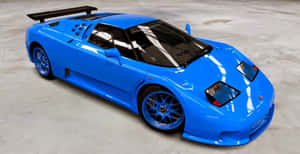 一輛藍色Bugatti EB110，帶黑色飾邊，室內停放在混凝土上。 — 布加迪 GIF 壁紙